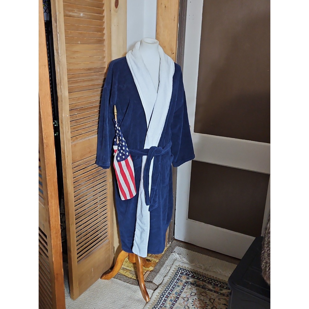 Nautica Terry Robe Shawl Collar Navy Embroidered Logo Cotton Vintage 90s